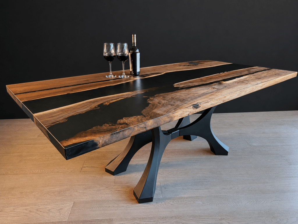 Adjacent-slab black walnut dining table set with wine glasses.