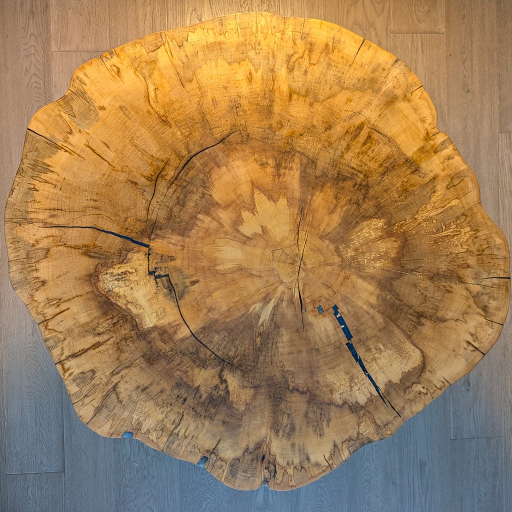 Top-down view of handcrafted spalted cottonwood coffee table showing natural grain, spalting, and blue epoxy.