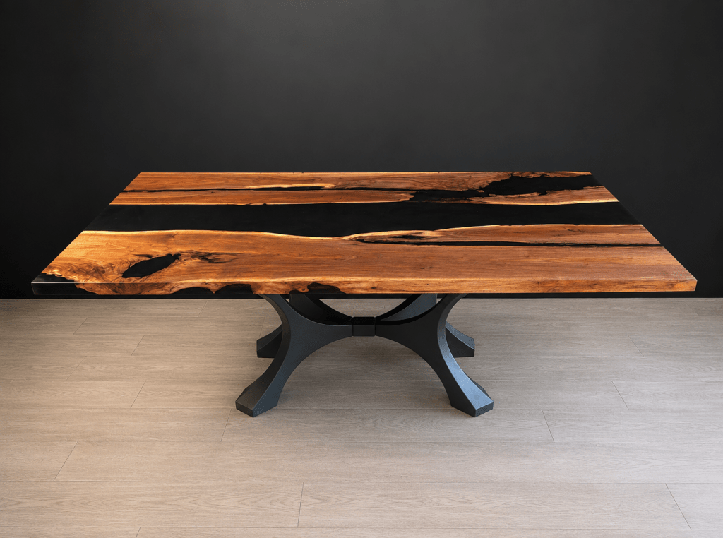 Front view of an adjacent-slab black walnut dining table with a black epoxy river.