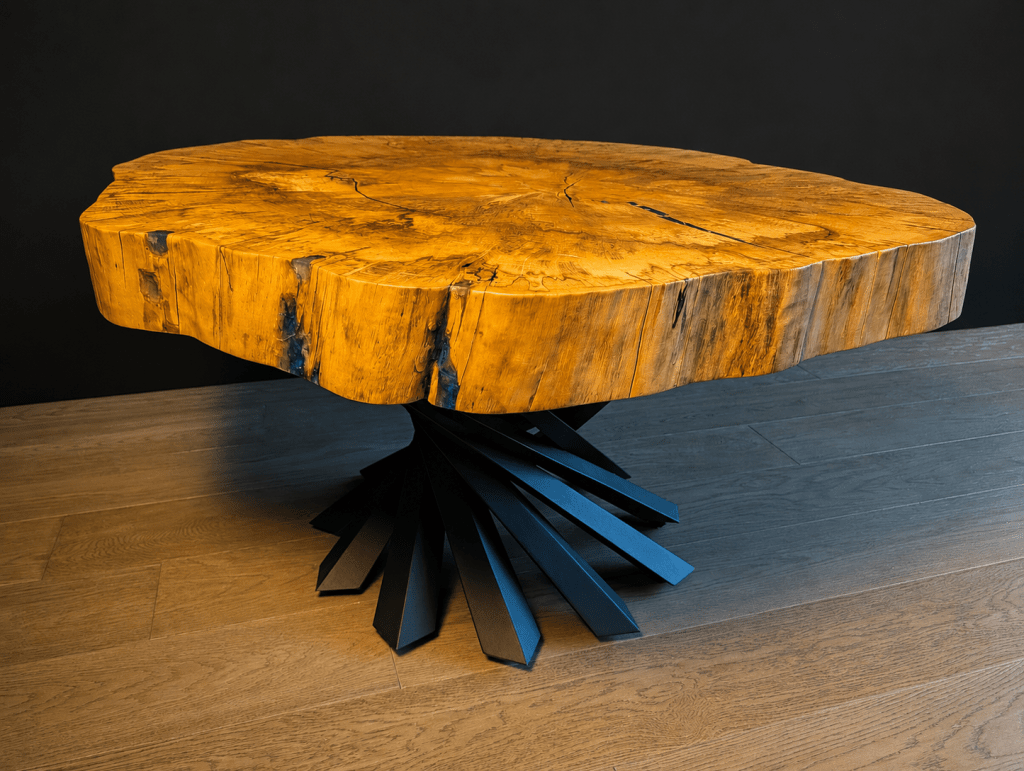 Angled view of handcrafted spalted cottonwood coffee table with blue epoxy and black steel pedestal base.