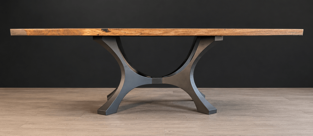 Low-angle view of an adjacent-slab black walnut dining table.
