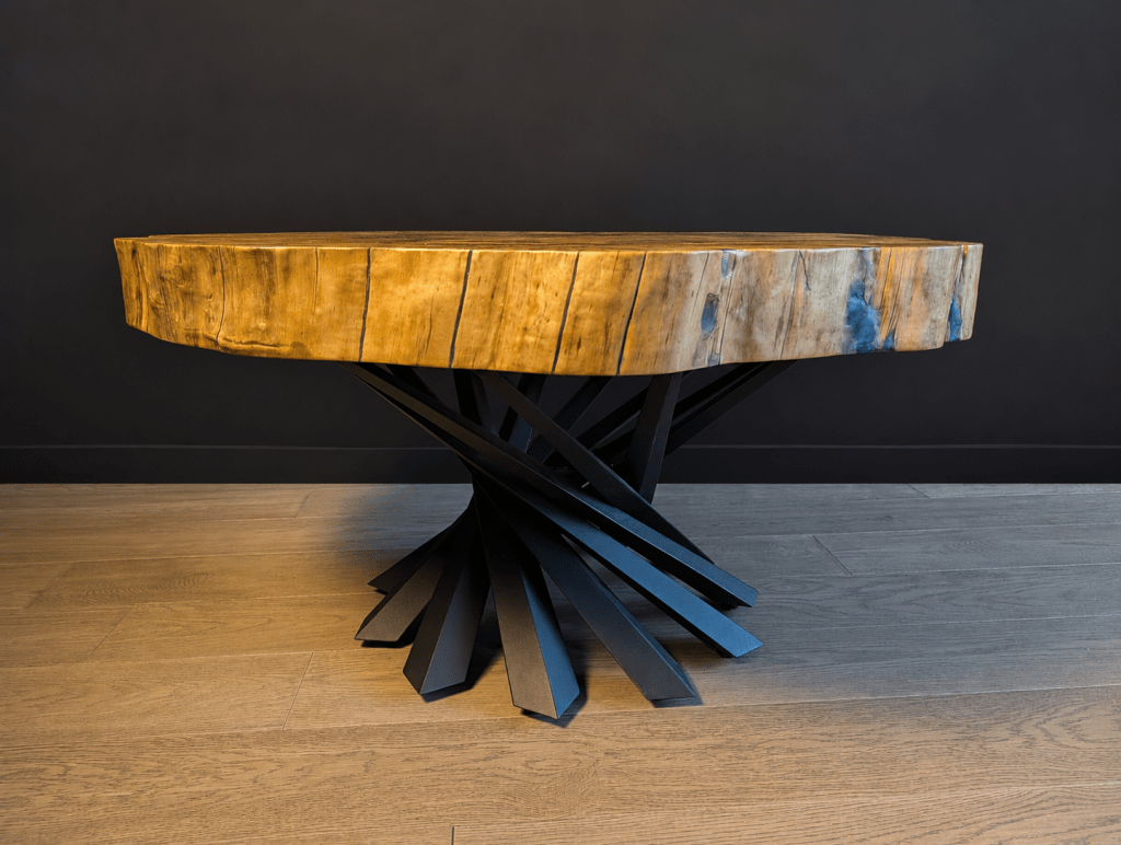 Side profile of handcrafted spalted cottonwood coffee table showing slab thickness and steel pedestal base.