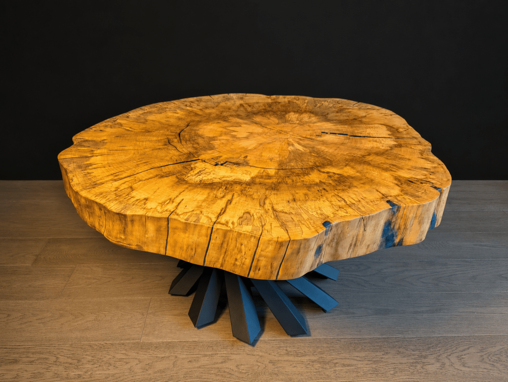 Three-quarter studio view of handcrafted spalted cottonwood coffee table with blue epoxy and steel pedestal base.